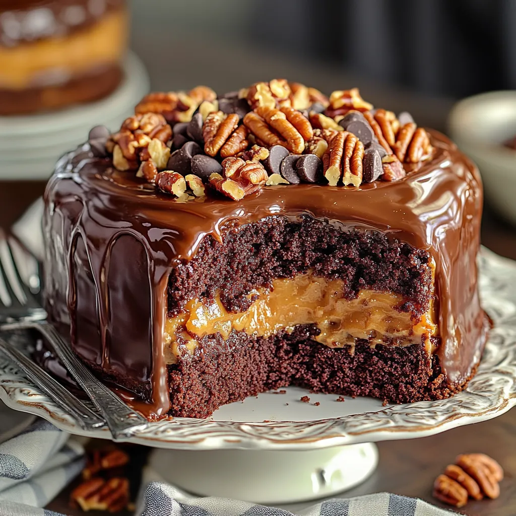 Chocolate cake topped with peanut butter and chocolate chips.