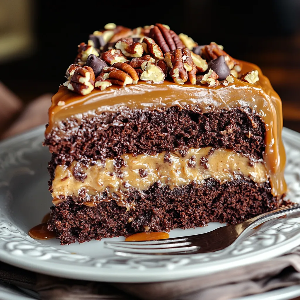 A slice of chocolate cake with peanut butter frosting.