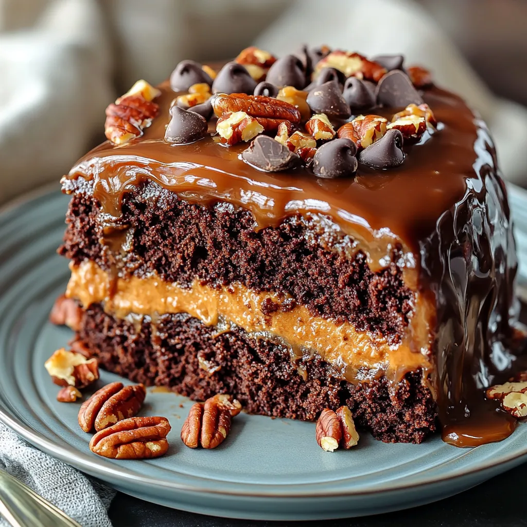 A slice of chocolate cake with peanut butter and chocolate chips.