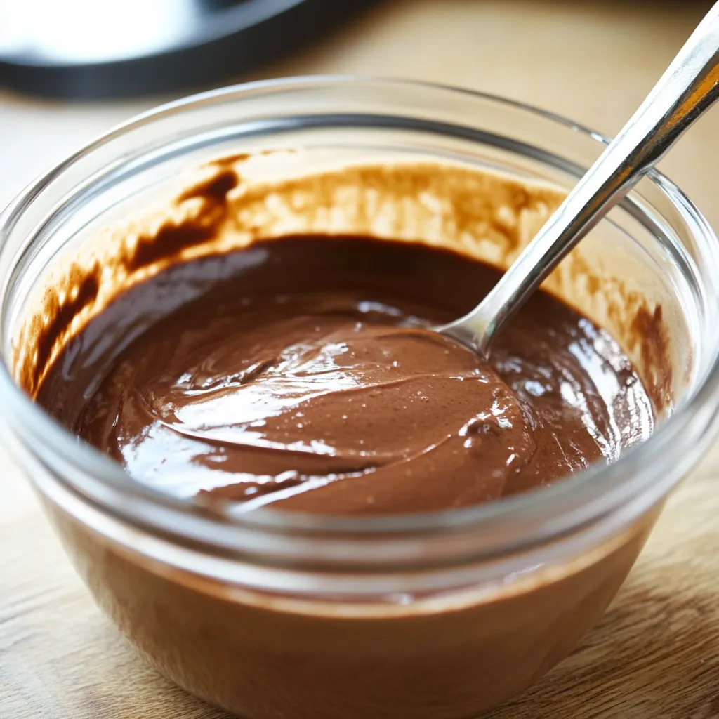 A spoon in a bowl of chocolate.