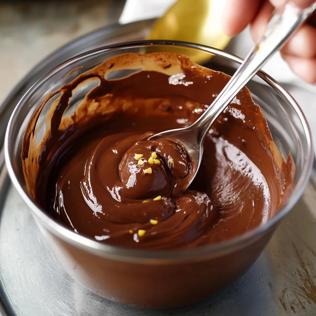 A spoon is in a bowl of chocolate.