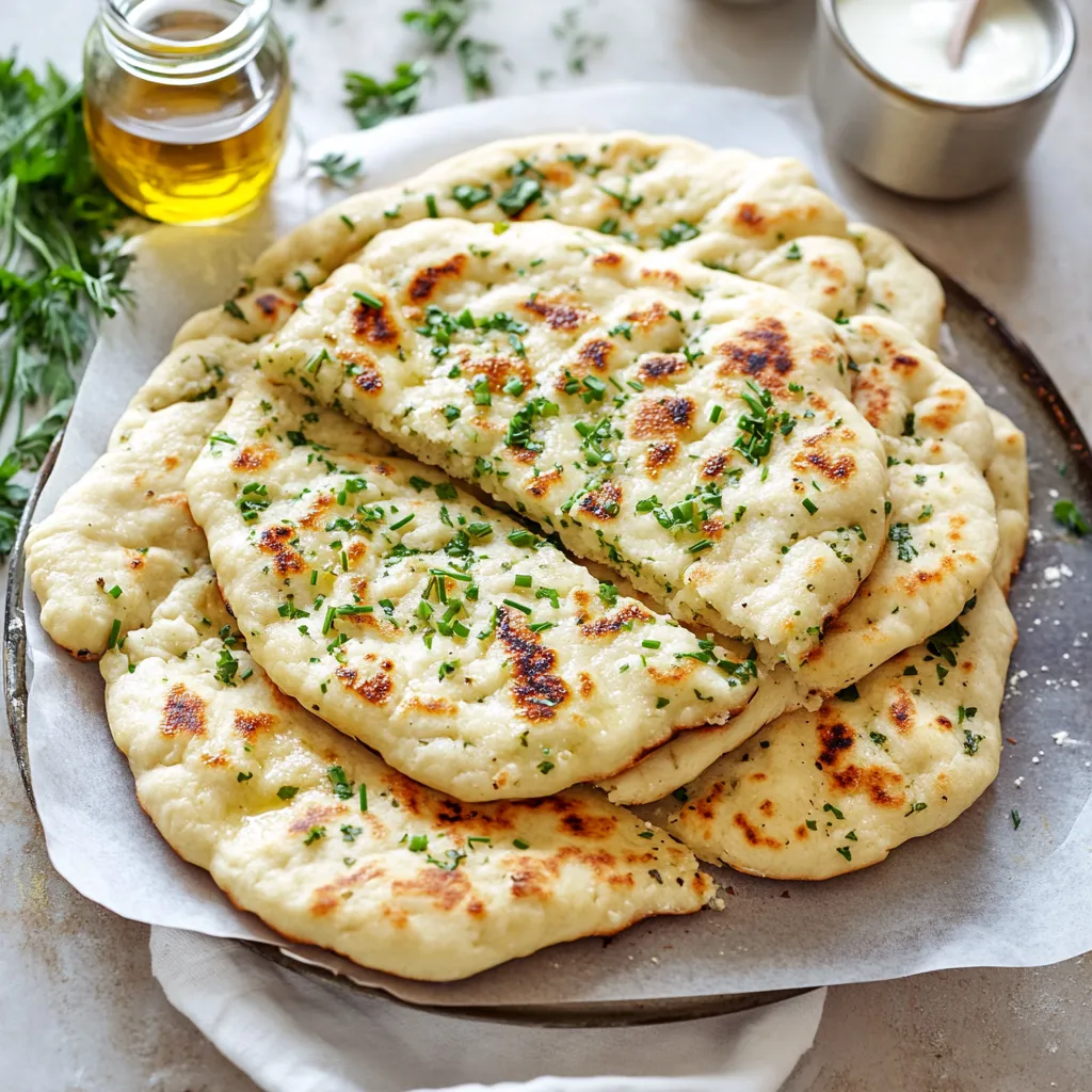 Round flatbread cooked with green herbs in a skillet.