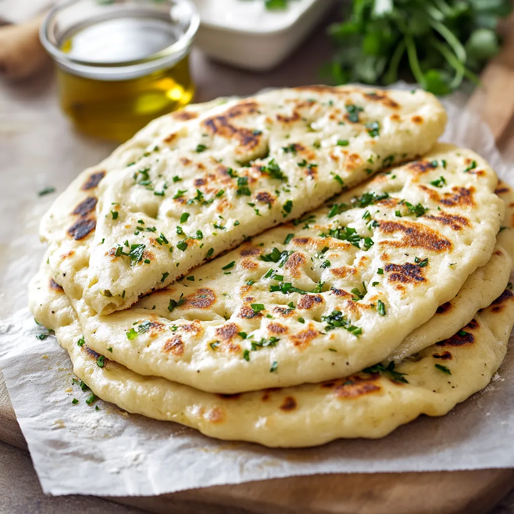 Two flatbread pieces topped with herbs.