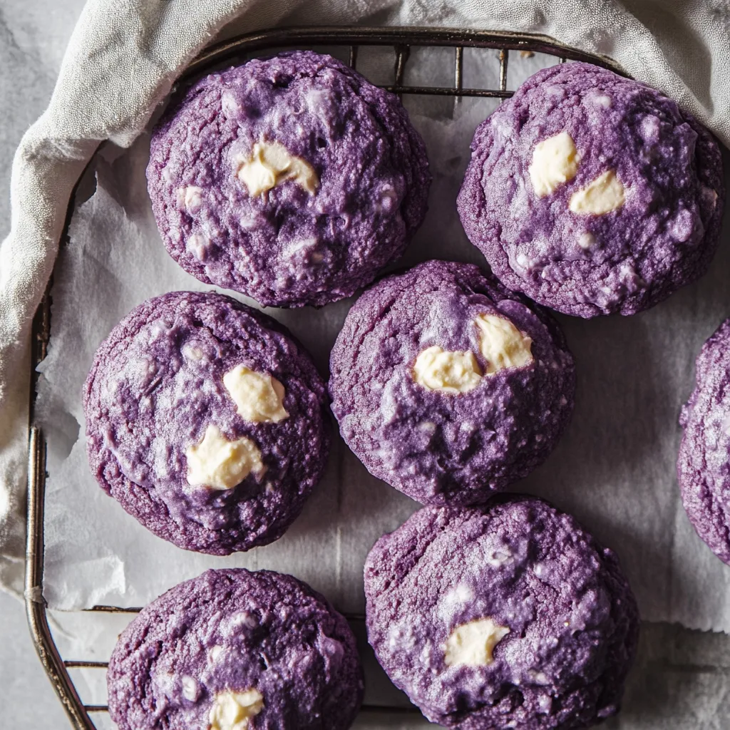 Tray with bright purple cookies dotted with white chips.