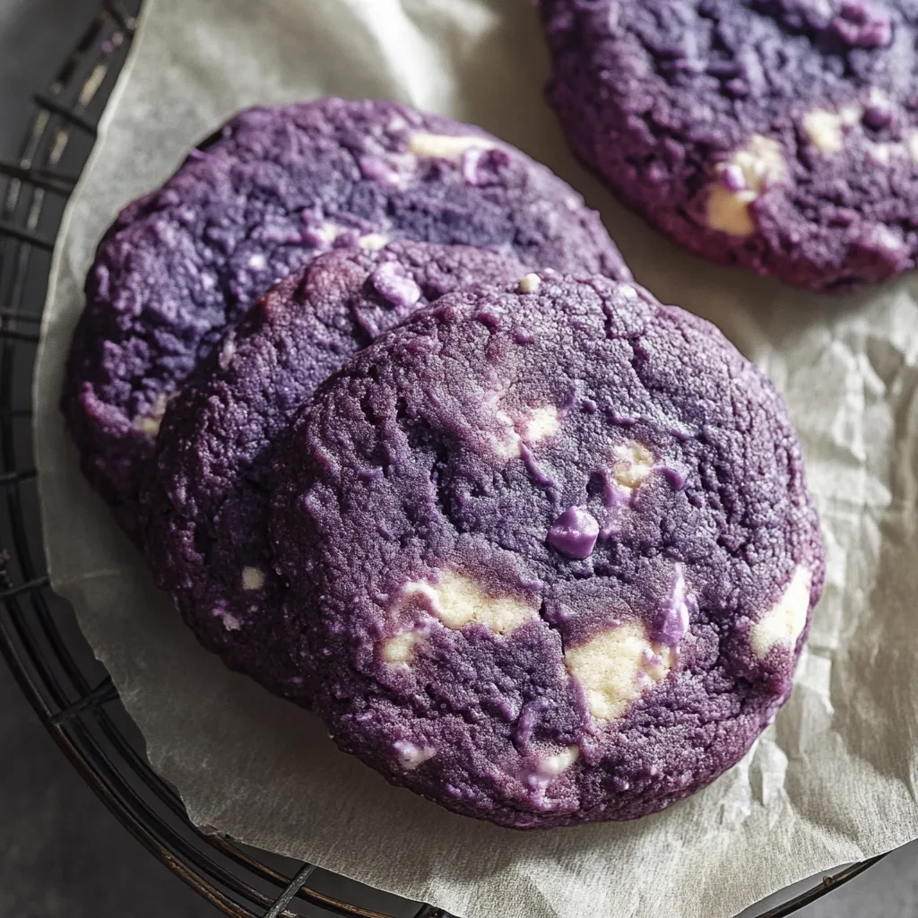 A purple cookie on a plate.