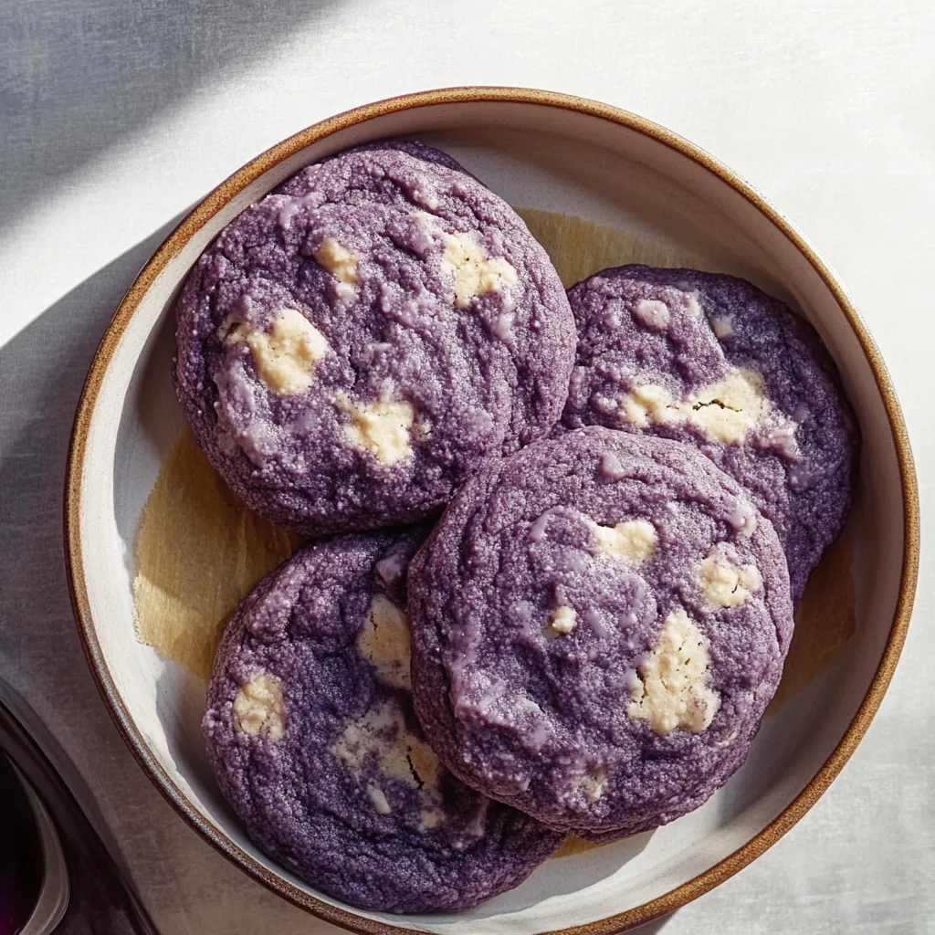 A bowl of purple cookies.