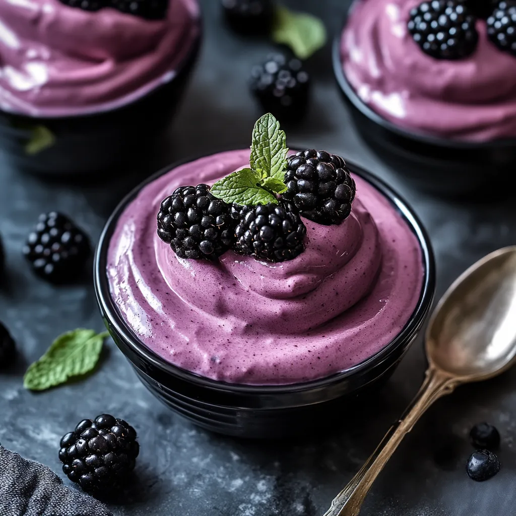 A bowl of thick blackberry cream with a spoon resting inside.