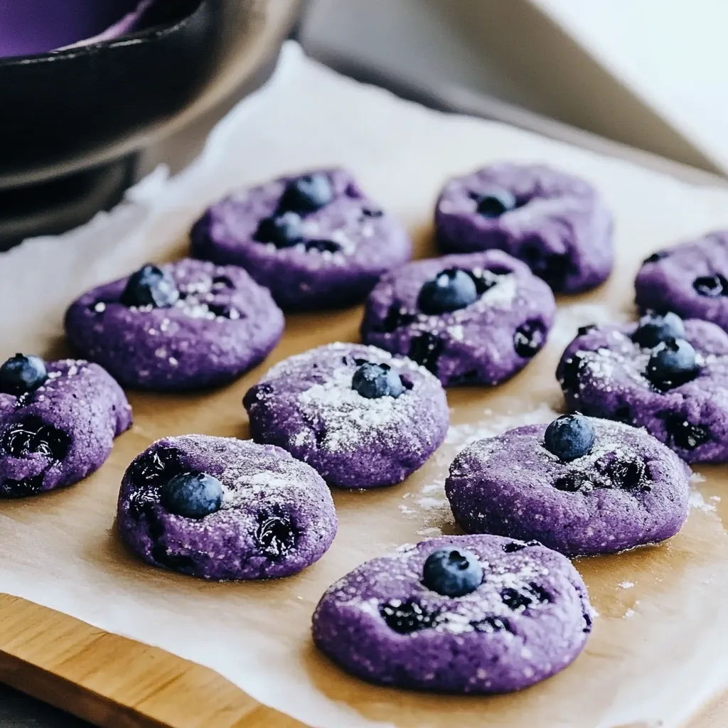 Purple cookies with blueberries on a tray.