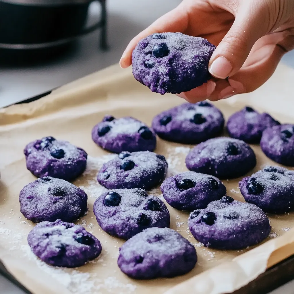 A person is holding a cookie with blueberries on it.