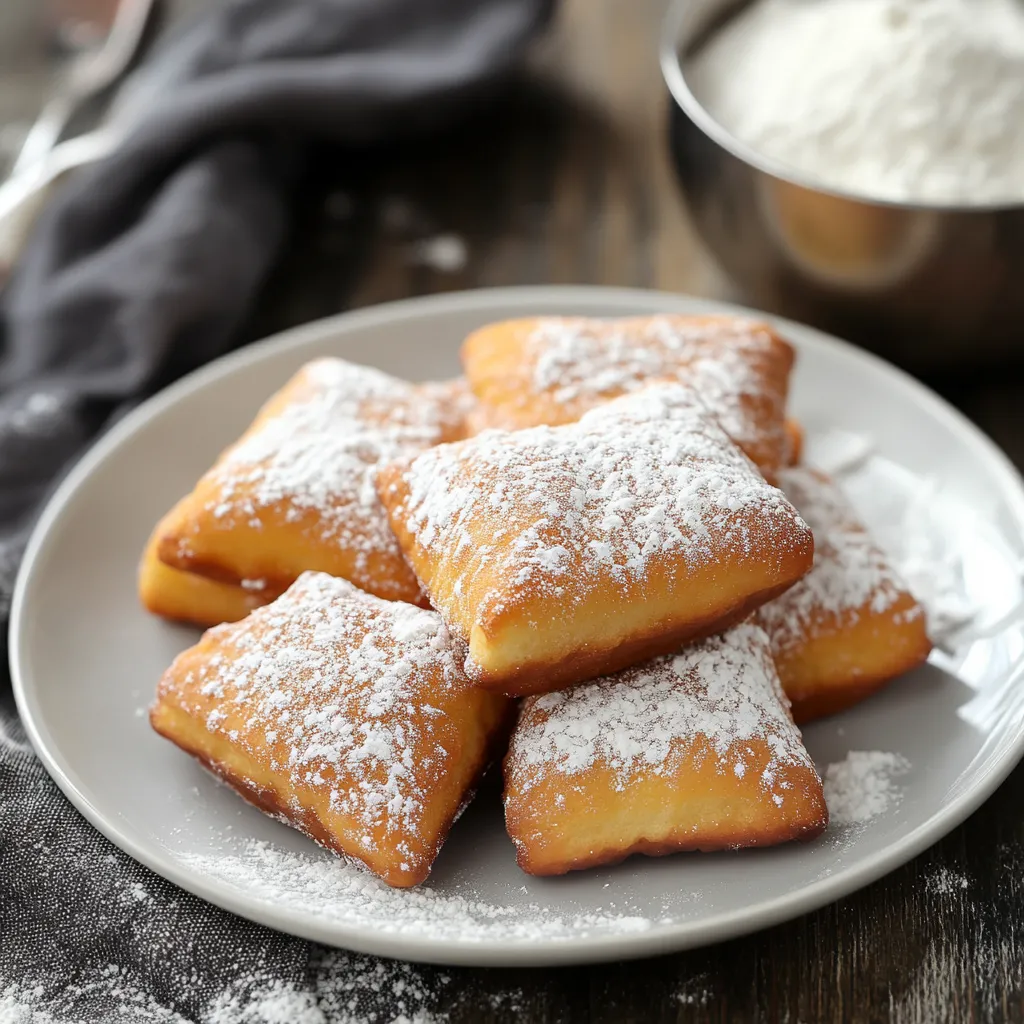 Powdery sweet fried dough piled on a plate.
