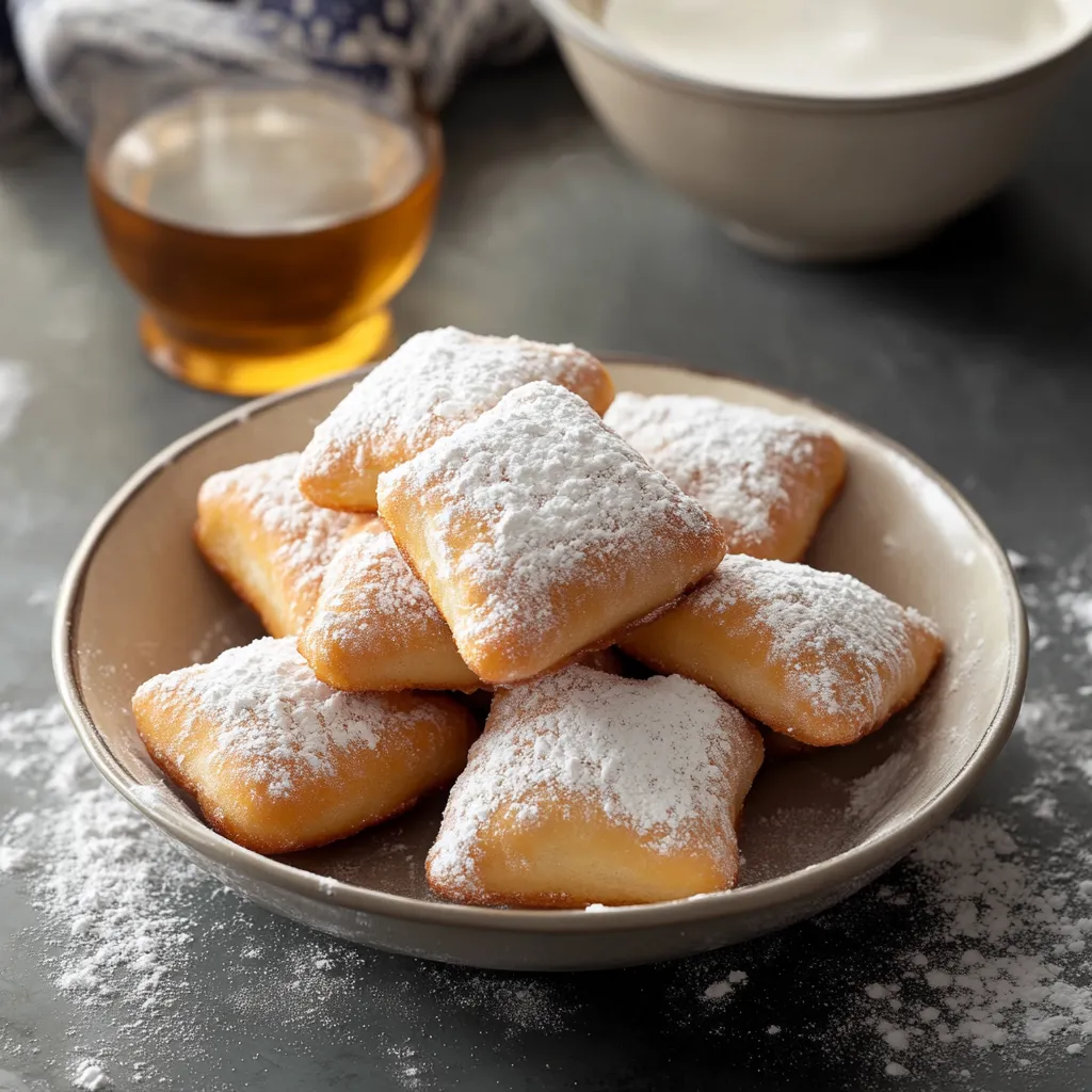 A bowl full of beignets topped with soft powdered sugar.
