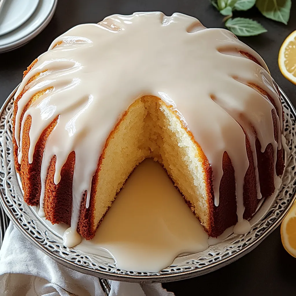 Big fluffy cake with slick white frosting and a wedge of lemon on top.