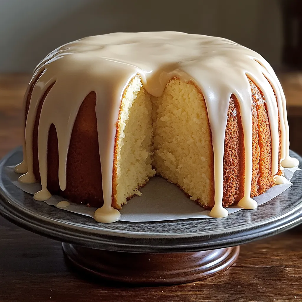 A cake draped in white icing with caramel lines on top.