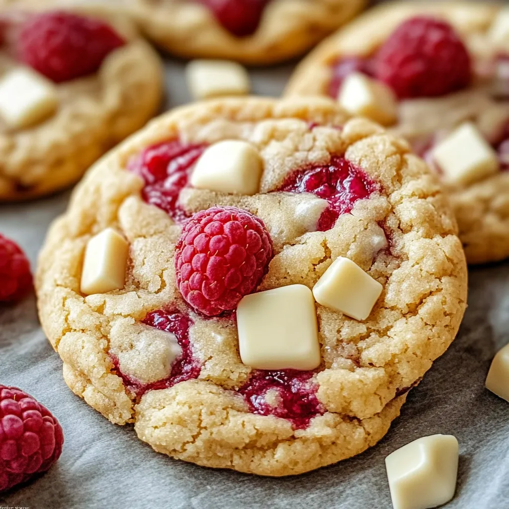 A single cookie showing melty white chocolate and tart raspberry specks.