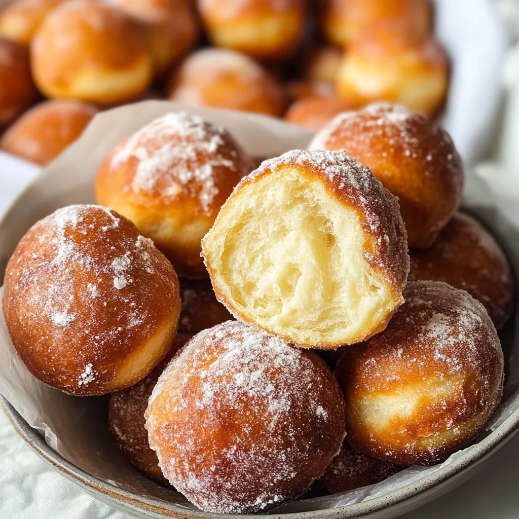 A plate stacked with doughnuts covered in powdered sugar.