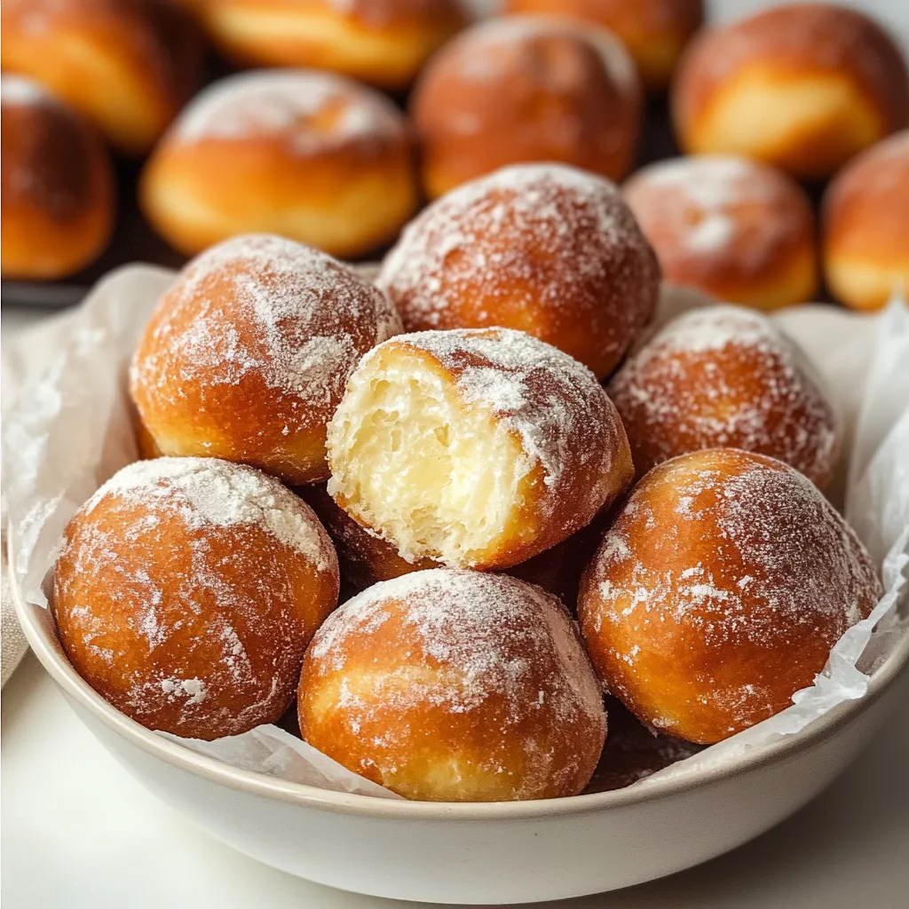 A bowl full of doughnuts topped with powdered sugar.
