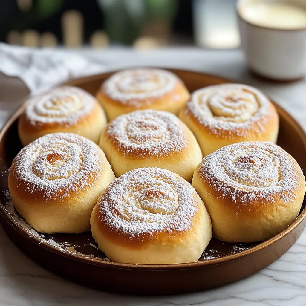 Sweet rolls dusted with powdered sugar on a plate.