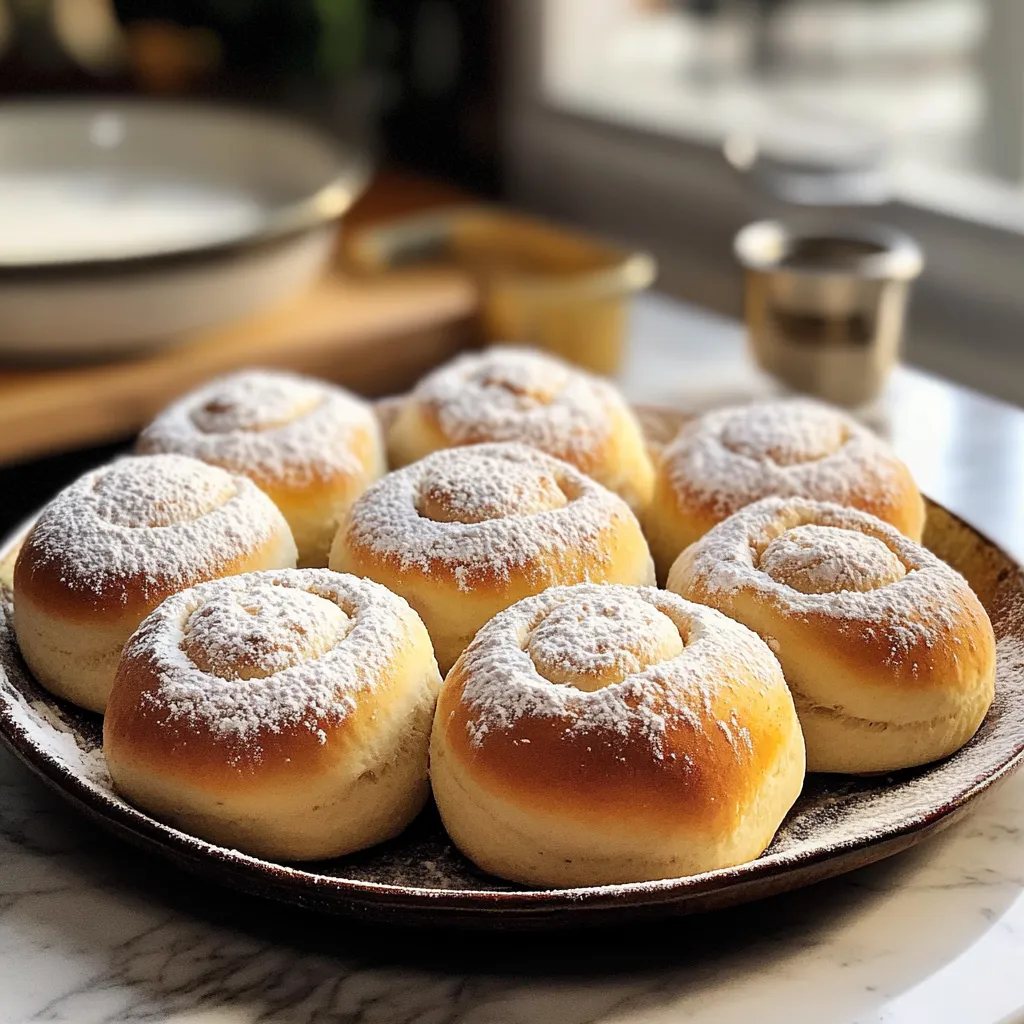 A plate of doughnuts dusted with powdered sugar sits ready to enjoy.
