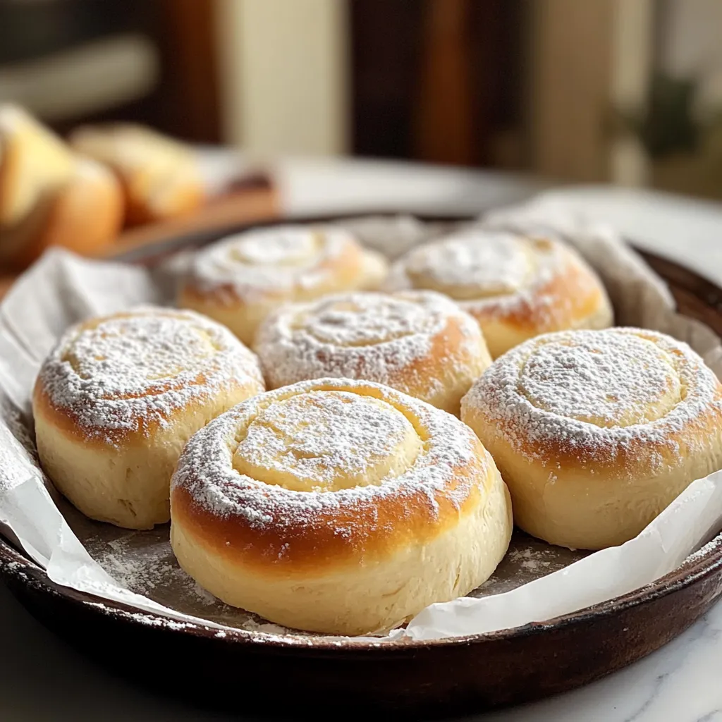 Plated pastries topped with a soft dusting of powdered sugar.