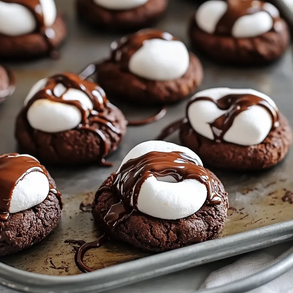 Sheet of chocolate cookies topped with marshmallows.