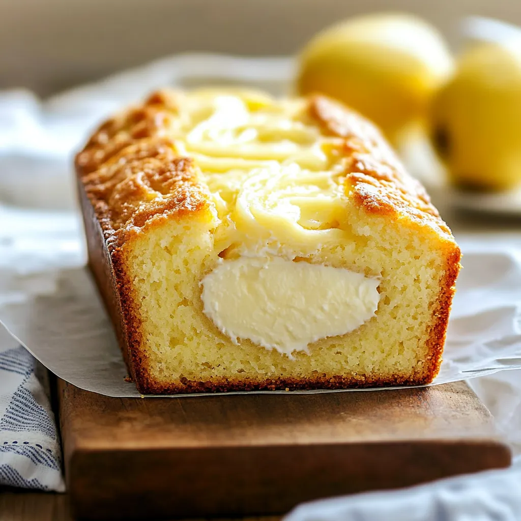 A soft lemon loaf with creamy cheese swirls, topped with whipped cream.