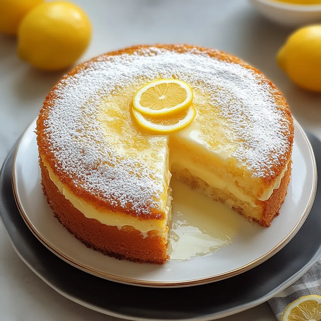 A slice of lemon cake dusted with powdered sugar.
