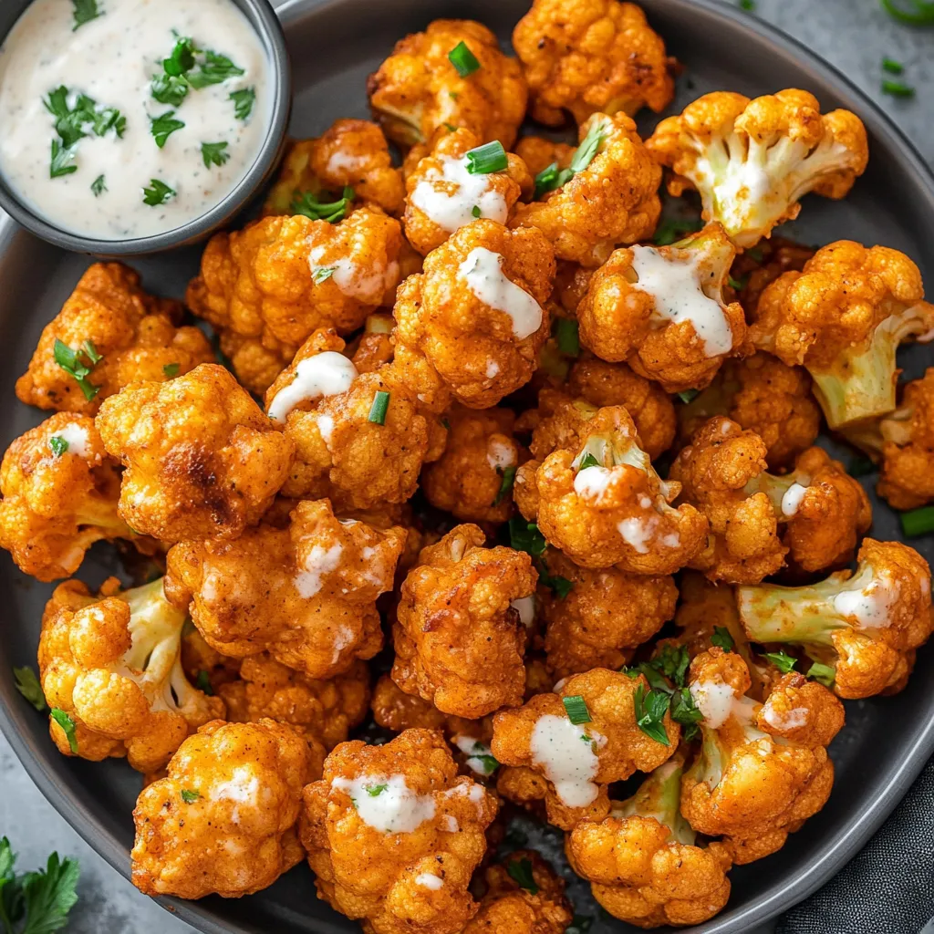 A bowl loaded with cauliflower and a creamy dip.