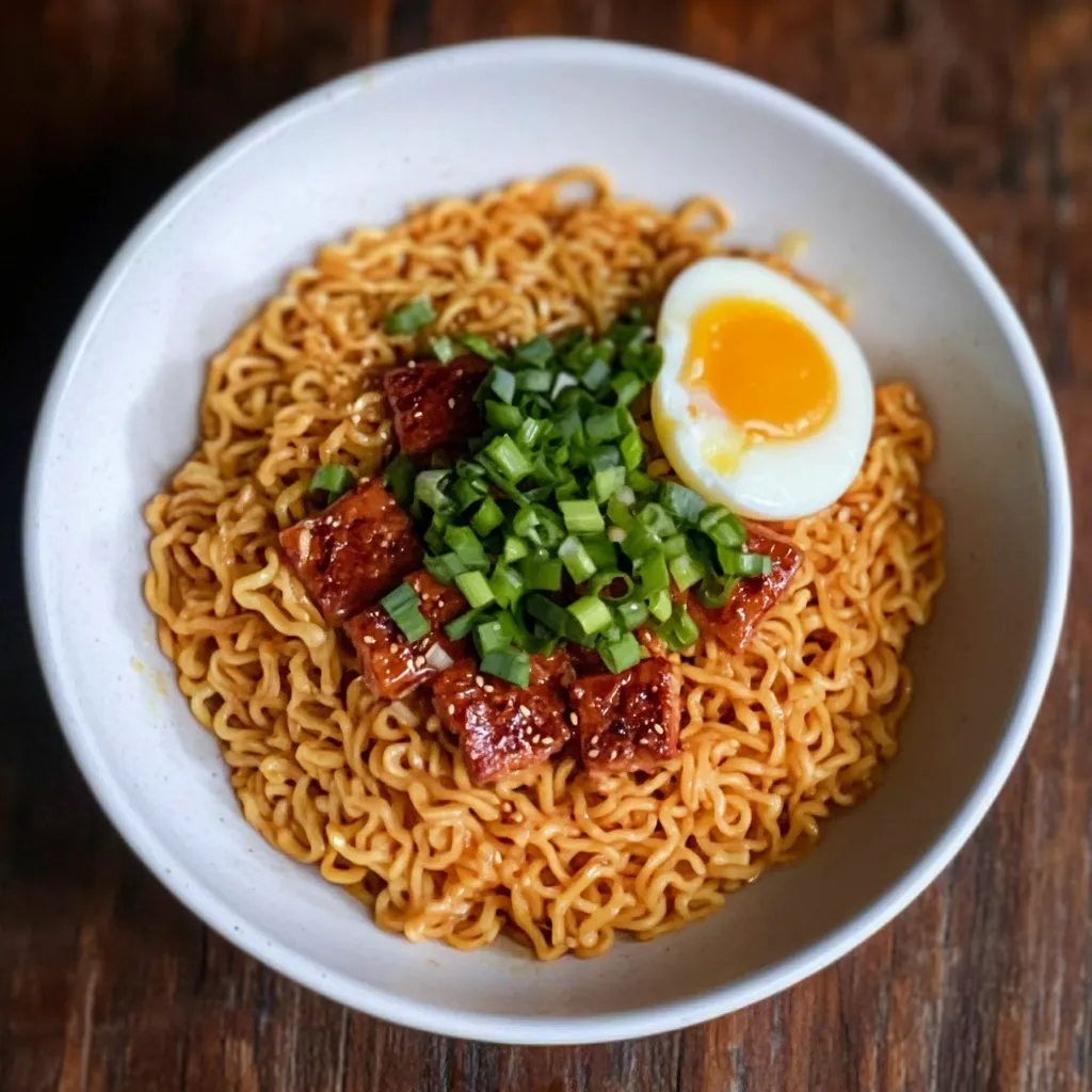 A bowl of noodles with an egg on top.