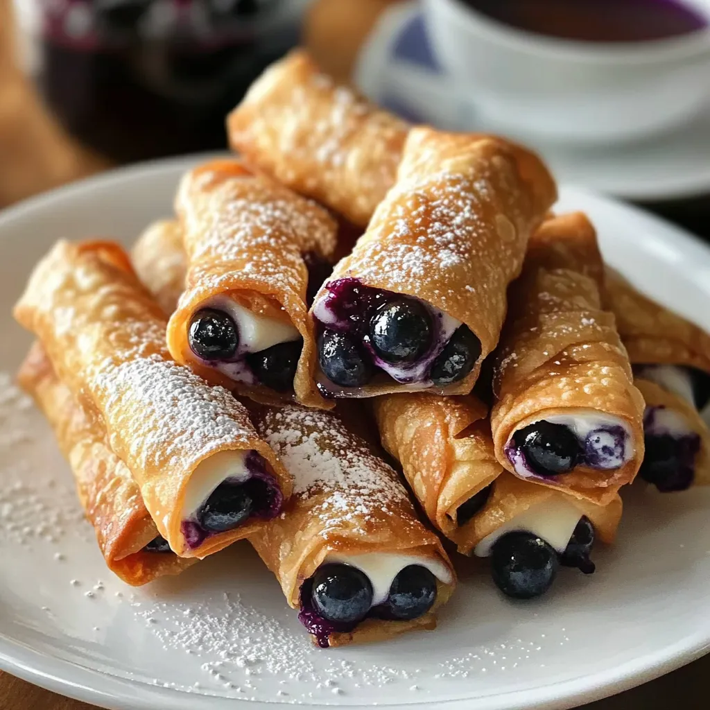 A couple of golden, crunchy eggrolls loaded with blueberries and a side of whipped cream.