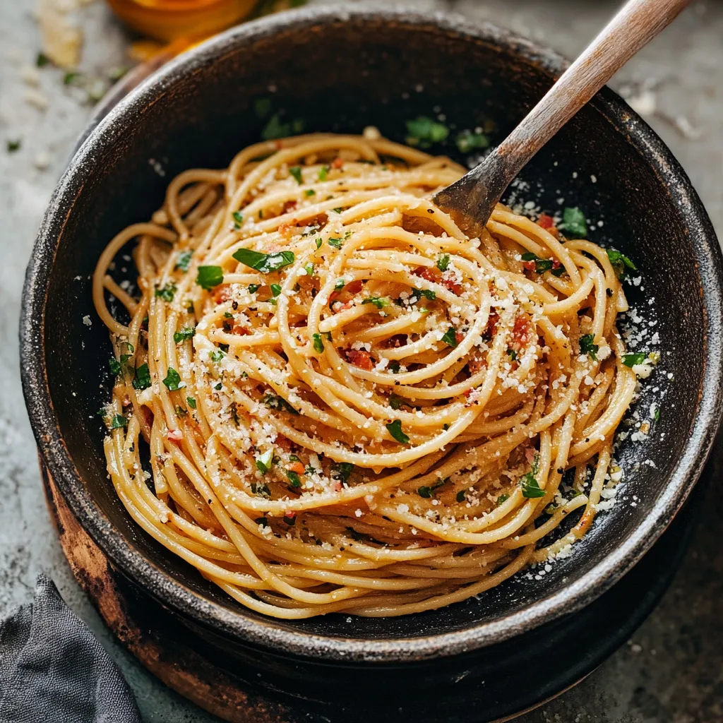 Spaghetti tangled up with melty cheese and chopped herbs.