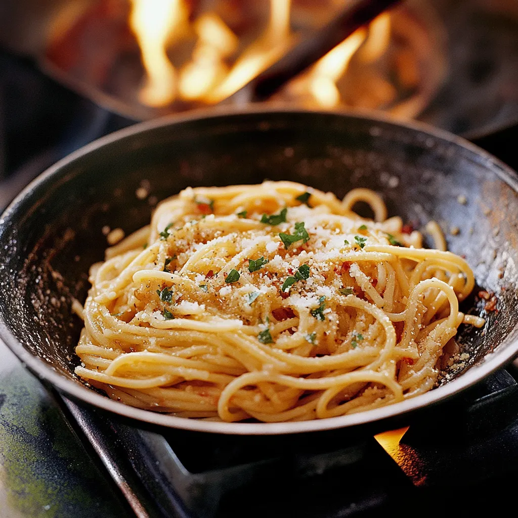 A bowl of spaghetti with cheese and herbs.