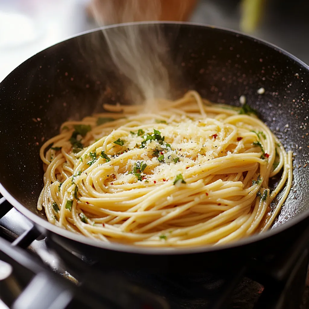 A bowl of spaghetti with cheese and herbs.