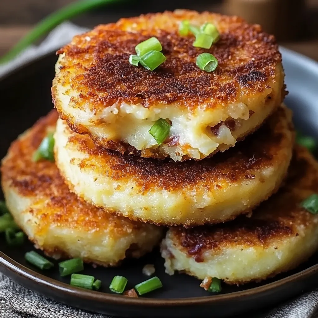 A stack of three pancakes with green onions on top.