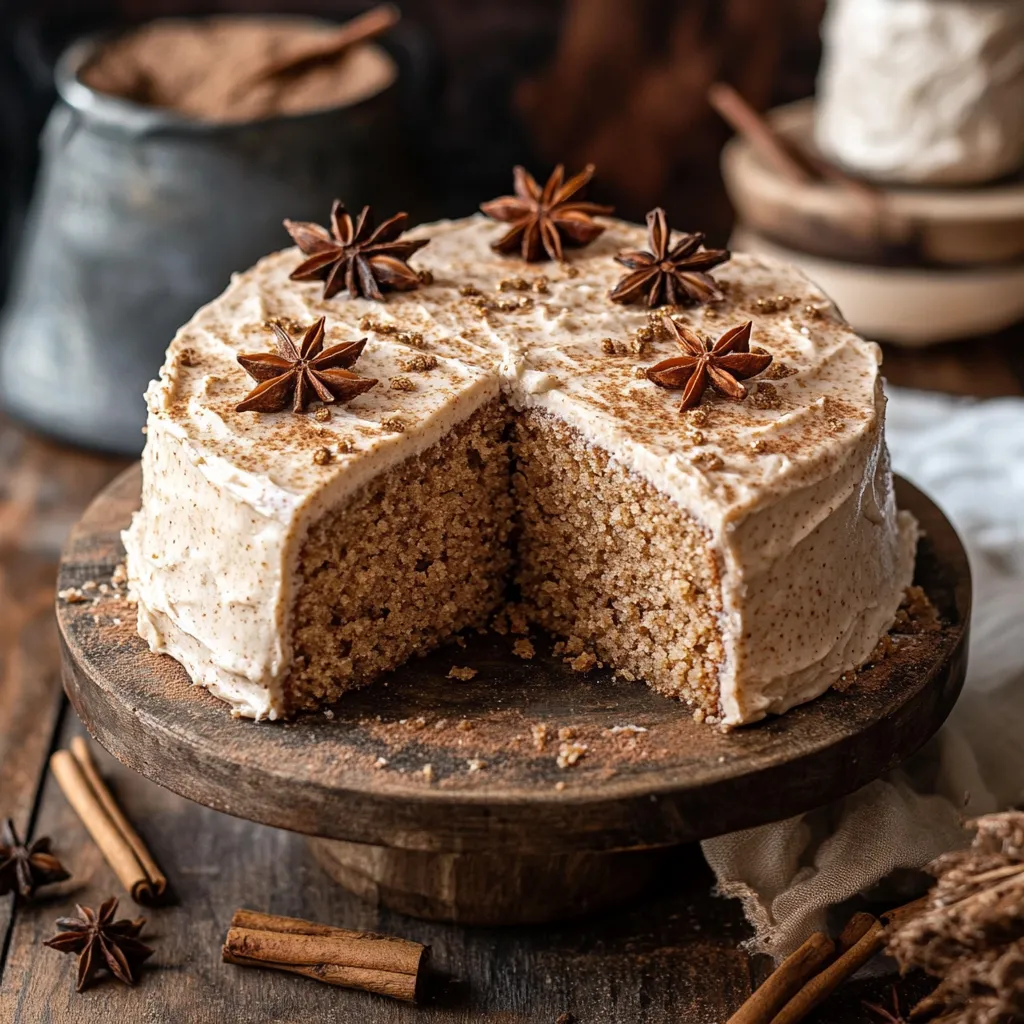A slice of cake with star anise on top.