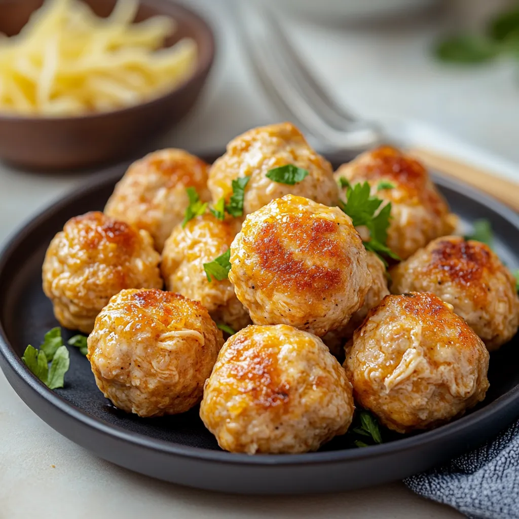 A plate of meatballs with a fork and a bowl of cheese.