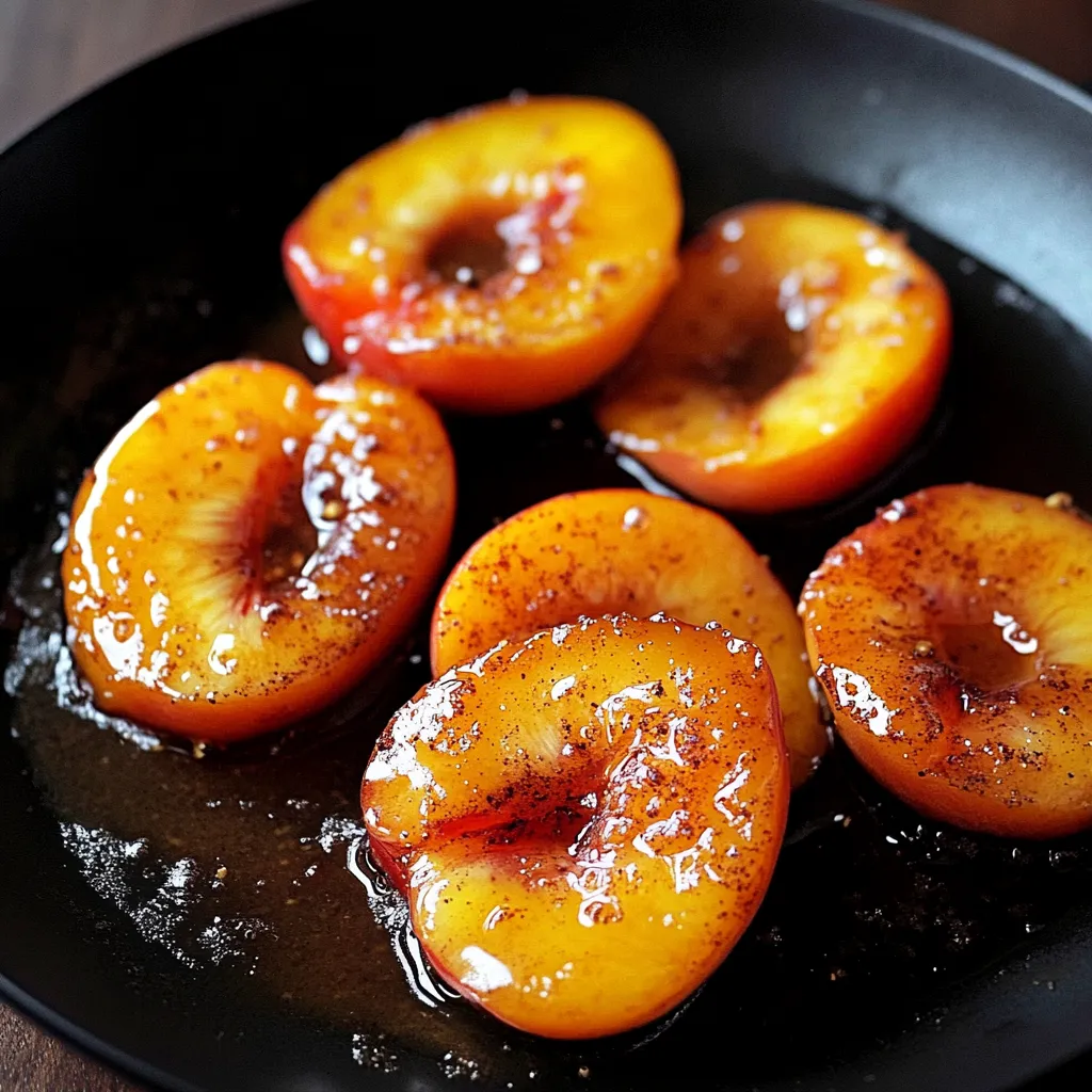 Peach slices in sweet buttery sauce on a plate.