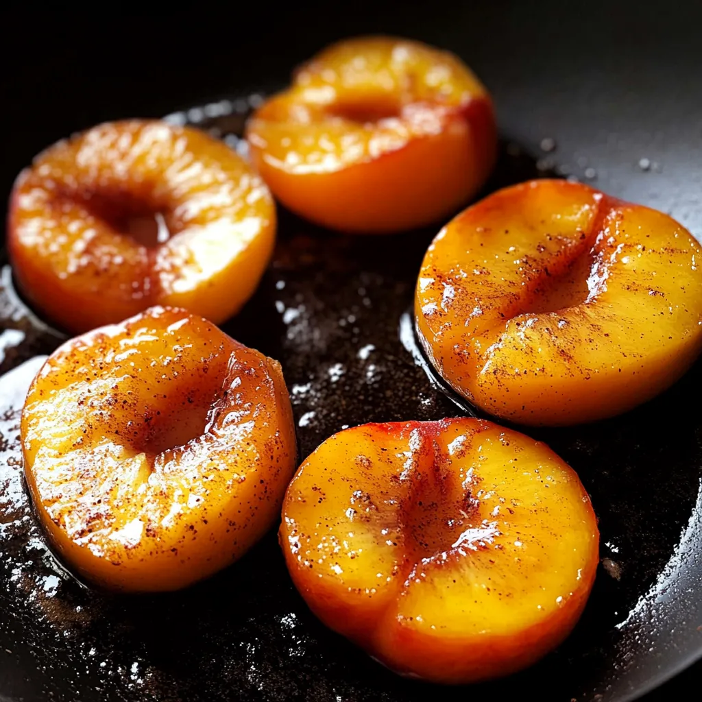 Four sliced peaches in a pan.