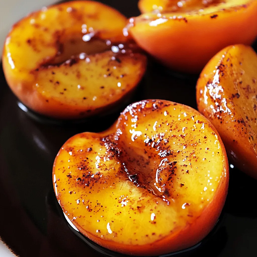 A plate of peaches with a brown sauce.
