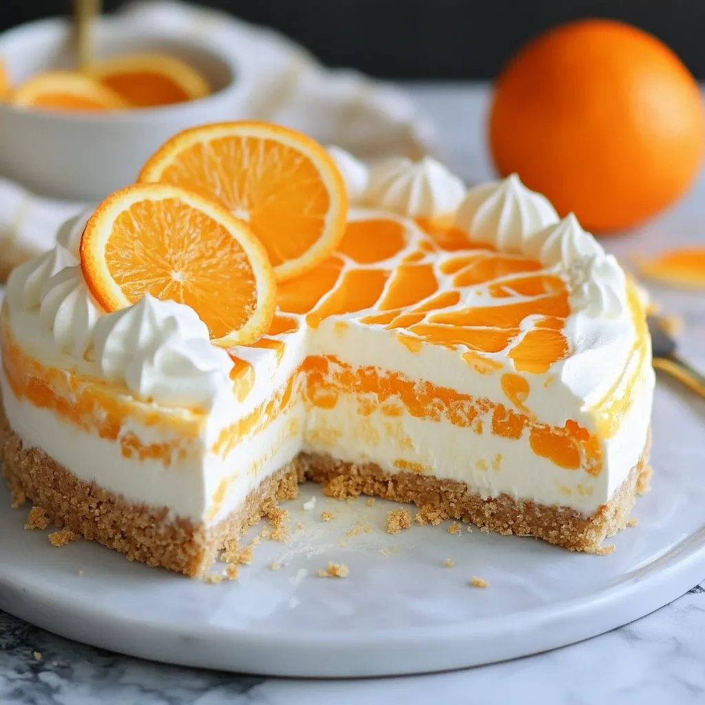 A wedge of orange cheesecake topped with orange slices.