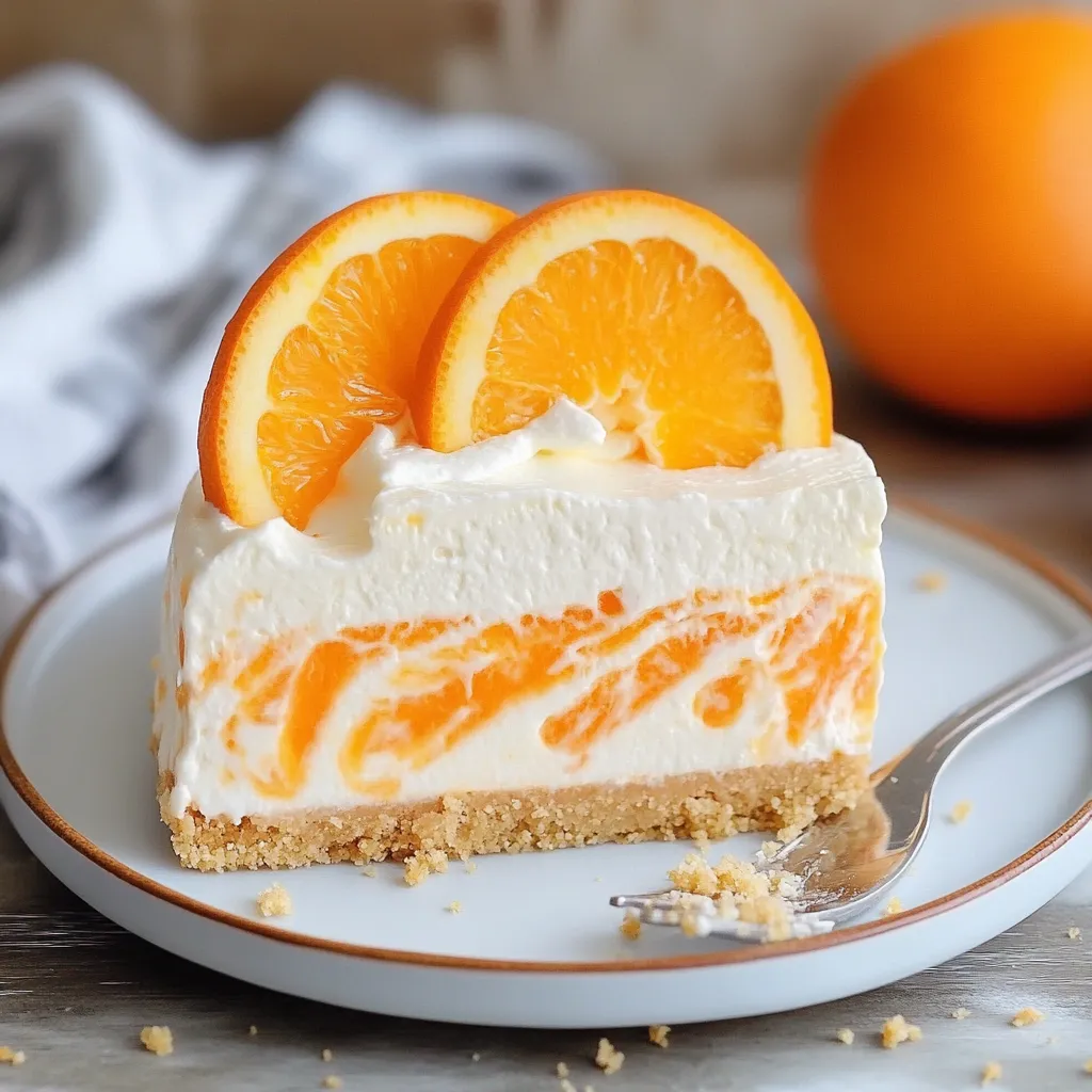 A slice of orange cheesecake with orange slices on top.