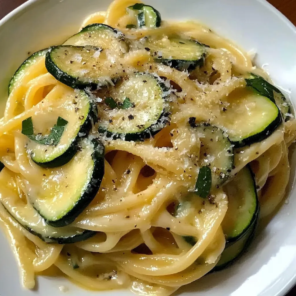 Spaghetti tangled with fried zucchini and melted cheese in a bowl.