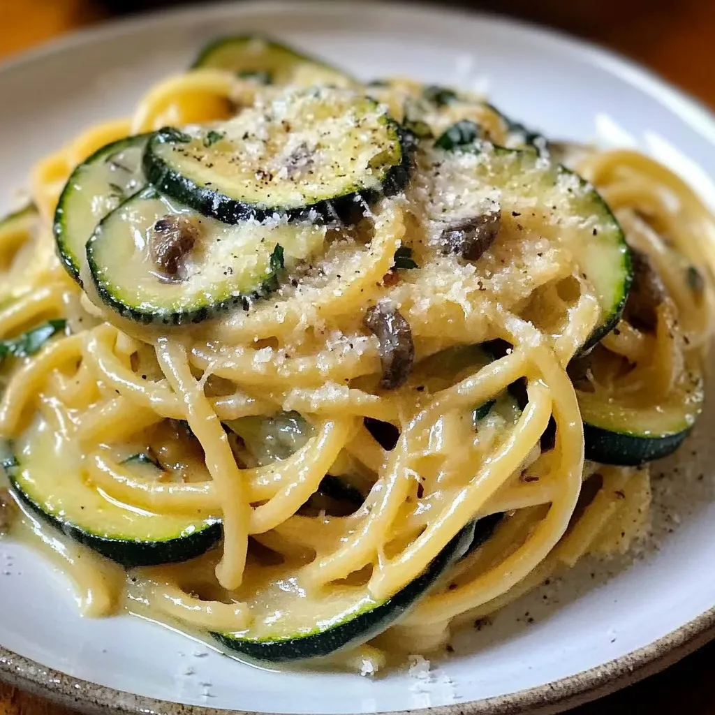 A plate of pasta with zucchini and cheese.