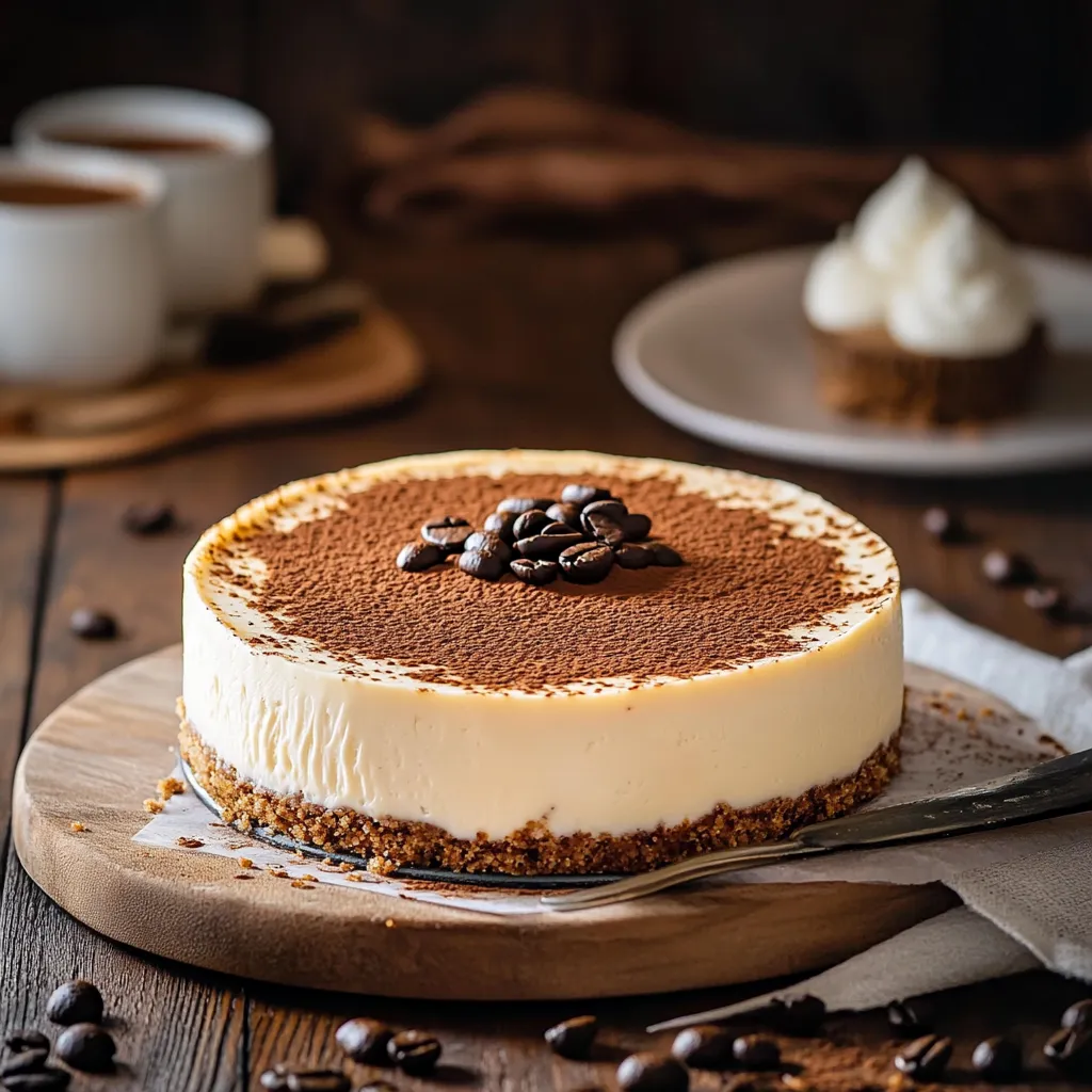 A single coffee cheesecake slice finished with chocolate and a swirl of whipped cream.