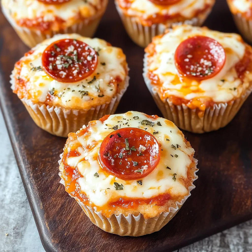 A serving board topped with six mini pizza muffins.