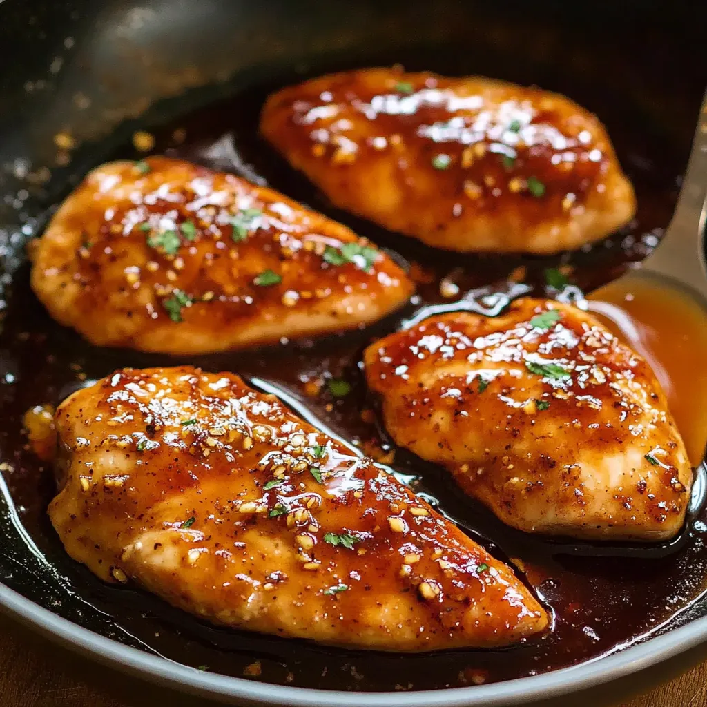 Chicken coated in a sticky garlic glaze in a skillet.