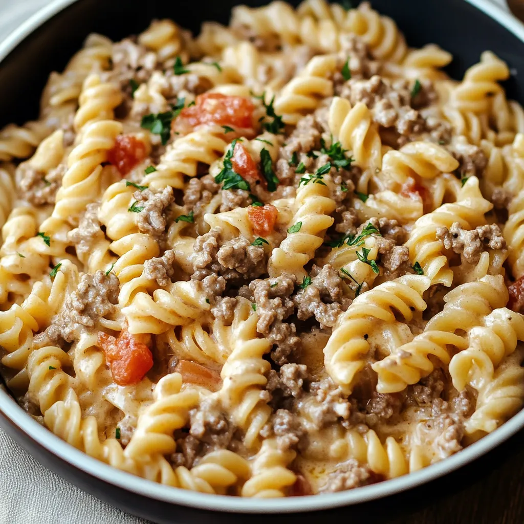 A bowl of pasta with meat and tomatoes.