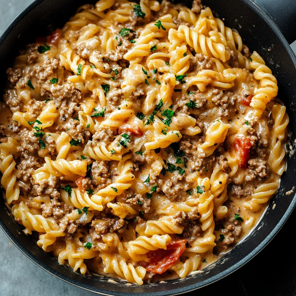 A bowl of pasta with meat and tomatoes.