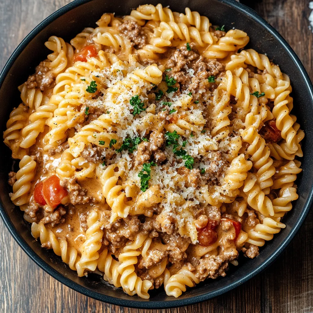 A bowl of pasta with meat and tomatoes.