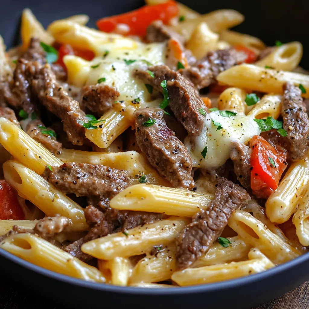 A bowl packed with pasta, steak, and colorful veggies.