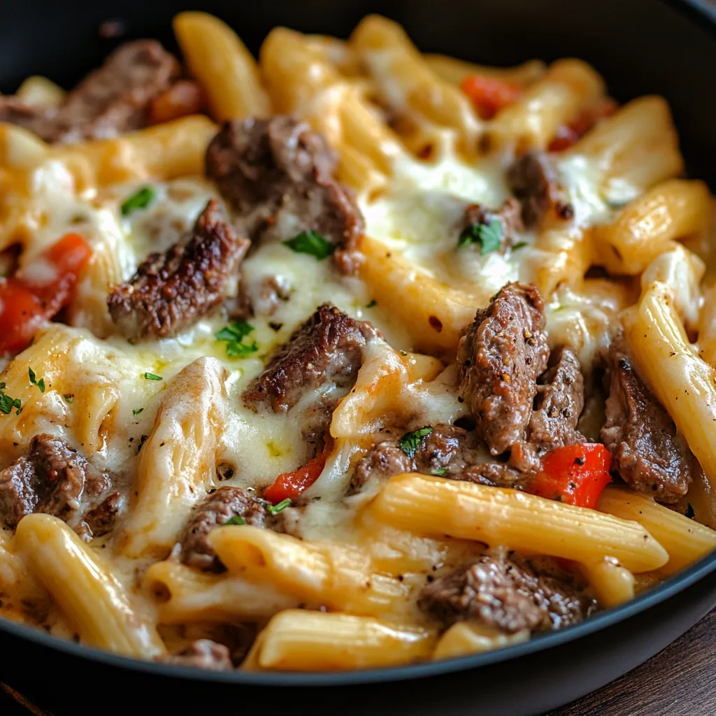 A bowl of pasta with meat and cheese.